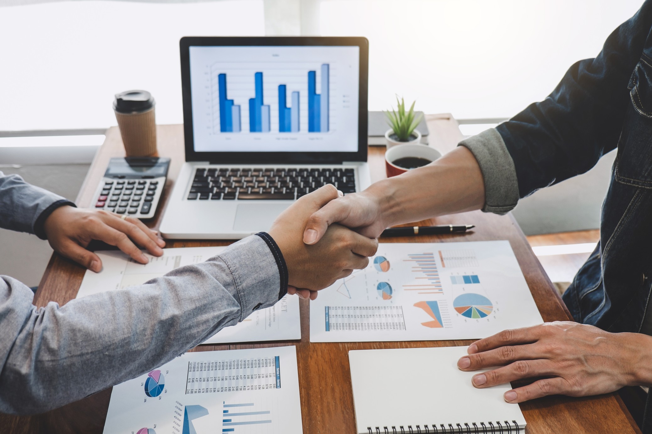 Business partners shaking hands after buyout agreement